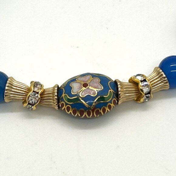 Cloisonné Floral Bracelet With Blue Glass Beads Gold-Tone Accents & Screw Clasp - Picture 10 of 14